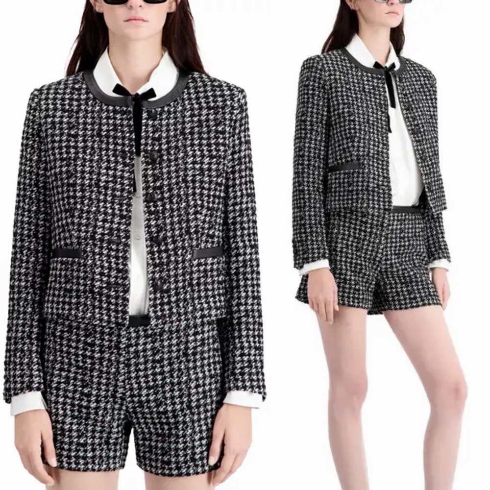 The Kooples Sz 42/US 10 Chic Houndstooth Wool Blend Tweed‎ Blazer Lambskin Trim